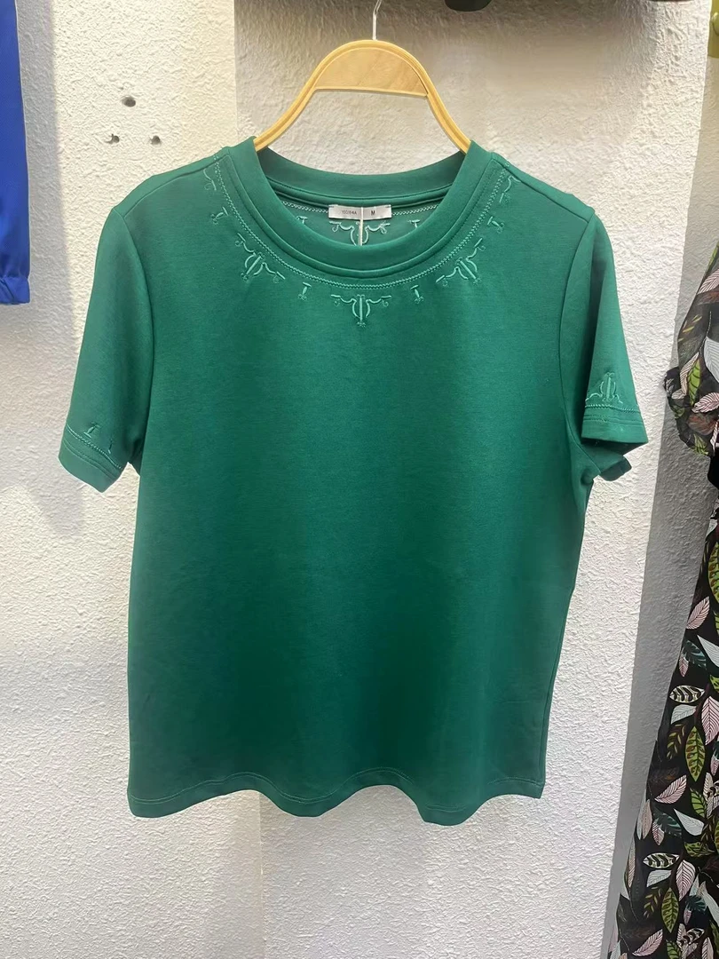 女款简约百搭纯色高品质绿色短袖街头时尚刺绣打底短袖T恤潮流