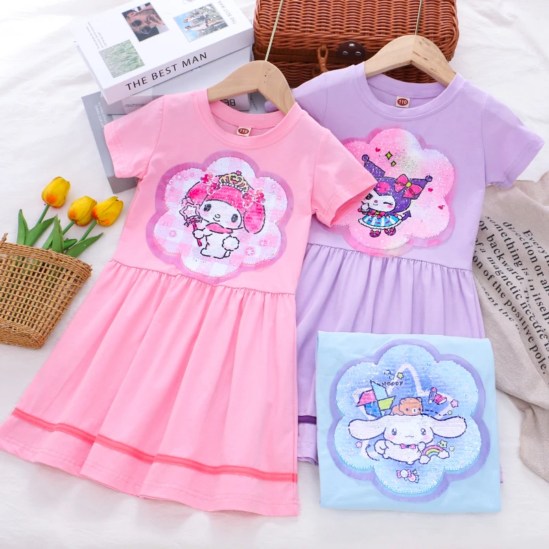 女童纯棉变色亮片连衣裙25夏薄款儿童装小女孩宝宝库洛米短袖裙子