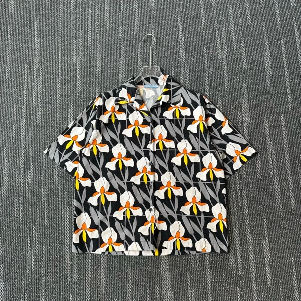 99新 Prada/普拉达 花卉树叶满印设计短袖衬衫/尺码42