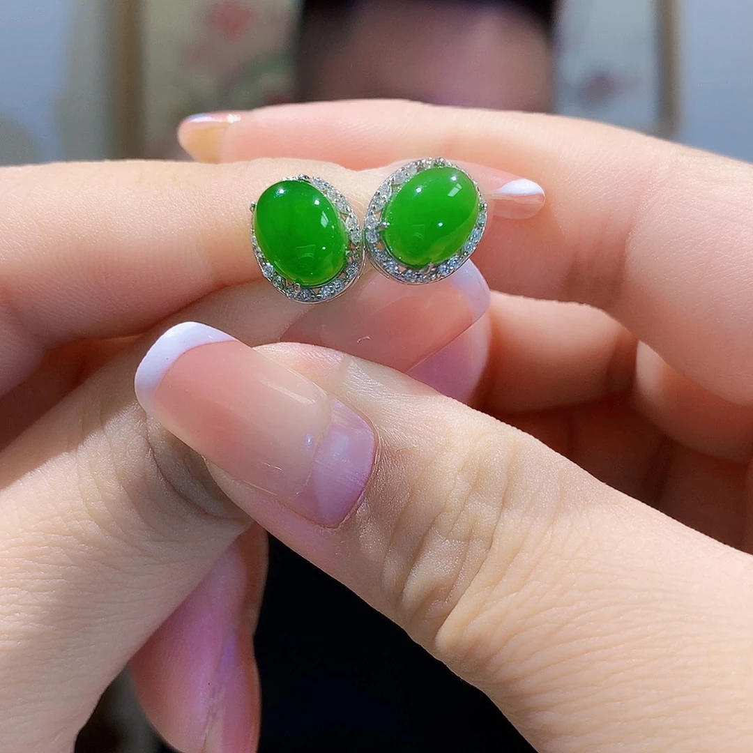 和田玉（碧玉）耳饰银S925镀金镶嵌