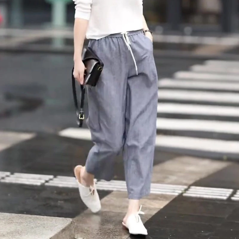 灰色松紧抽绳垂感休闲裤女2025夏季新款显瘦气质通勤干练直筒裤
