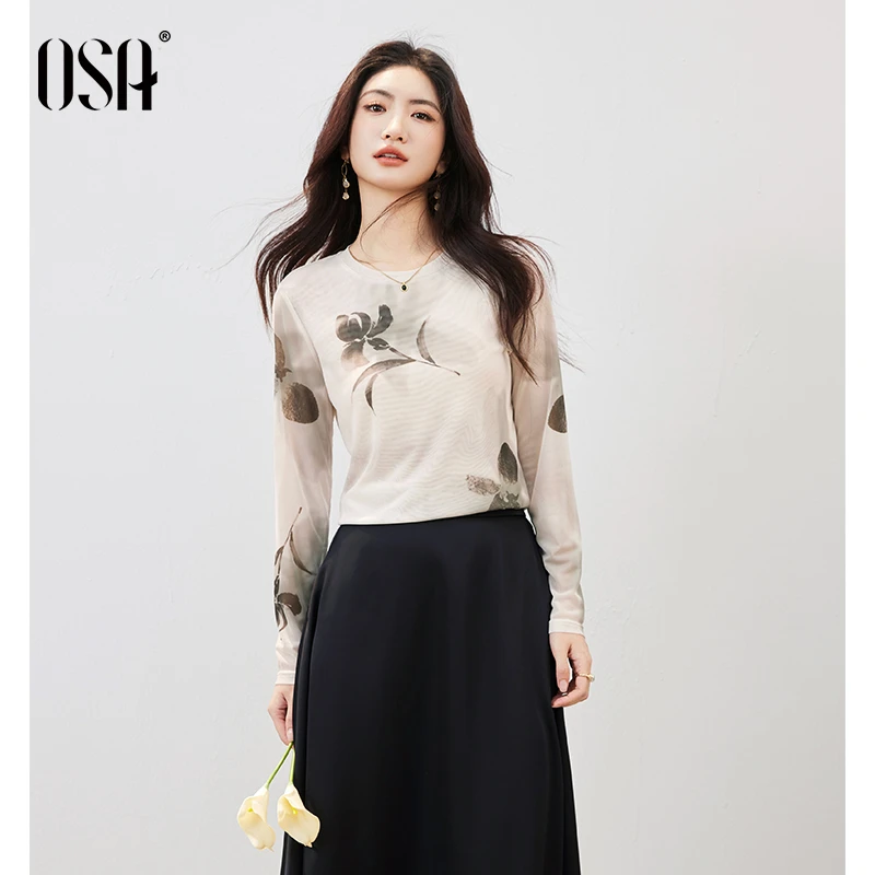 【水墨素兰】OSA/欧莎水墨印花女轻国风正肩圆领长袖上衣S125C11015