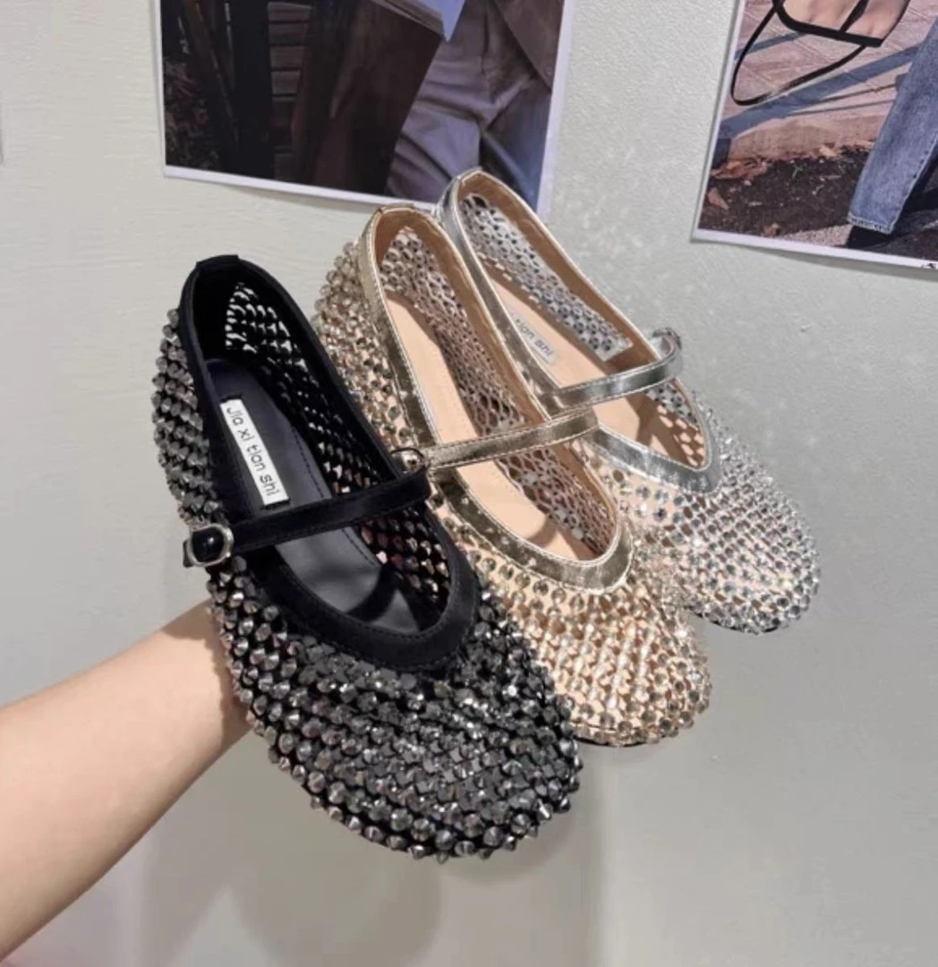 内增高包跟镂空水钻芭蕾舞鞋女网眼透气平底玛丽珍渔网浅口单鞋J