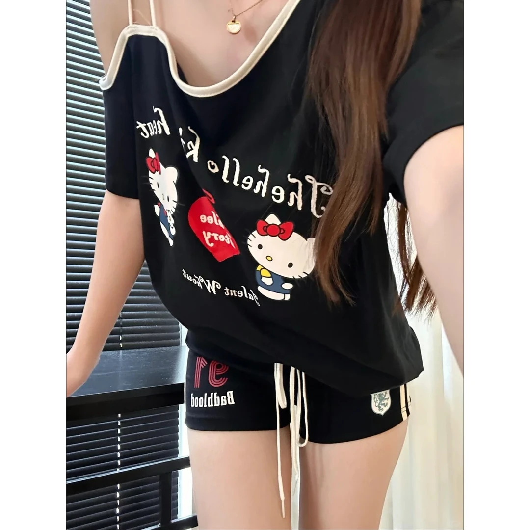 纯欲奶辣风kitty斜肩短袖睡衣女夏季新款短裤套装大码显瘦家居服