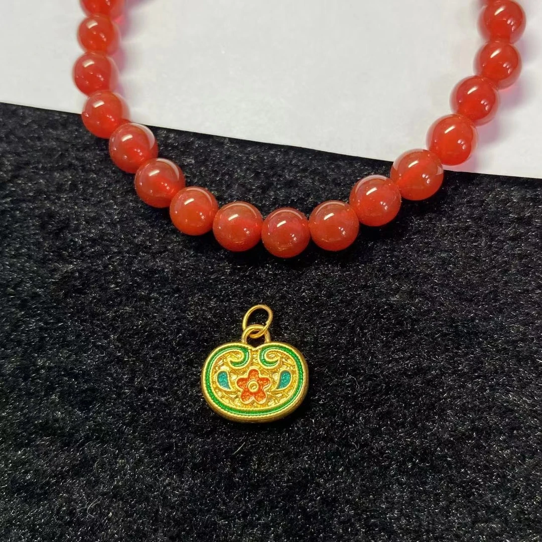 足金999双面烧蓝有钱花 玛 瑙手串 @@A308