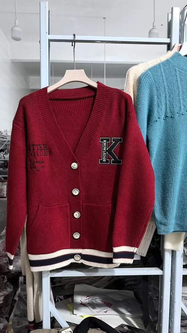 #7099慵懒风刺绣针织开衫秋冬加厚宽松显瘦毛衣外套