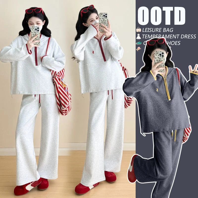 孕妇装春秋新款洋气减龄卫衣遮肉显瘦阔腿裤慵懒时尚孕妇装两件套