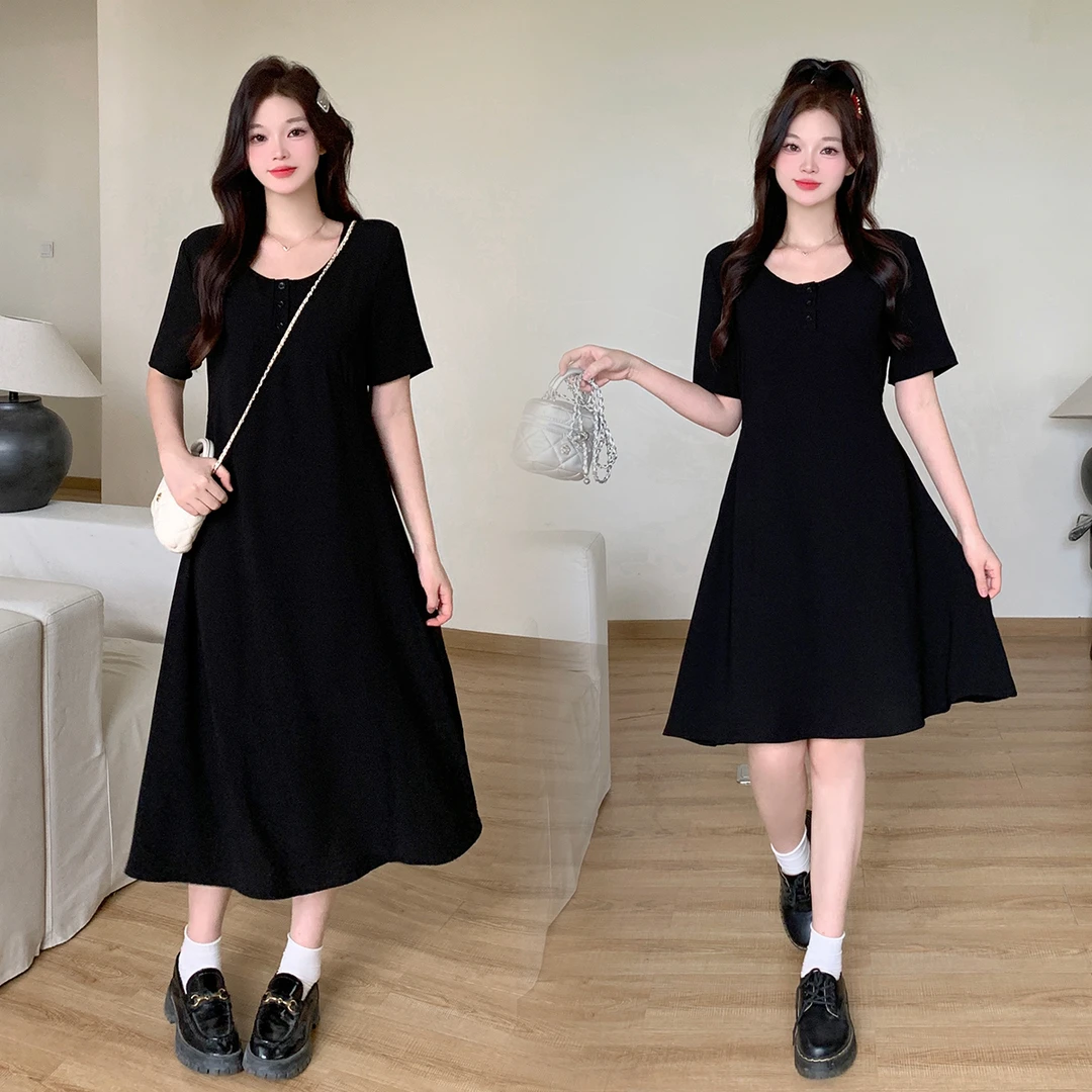 大码微胖女装休闲a字小黑裙子夏季收腰显瘦遮肚小个子连衣裙63152