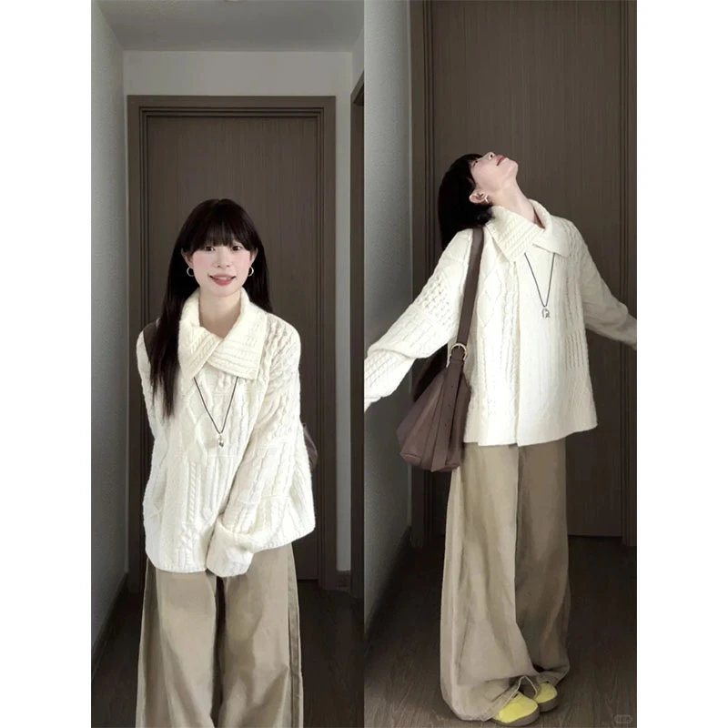 韩系穿搭麻花加厚翻领针织毛衣洋气简约上衣外套垂感宽松休闲裤