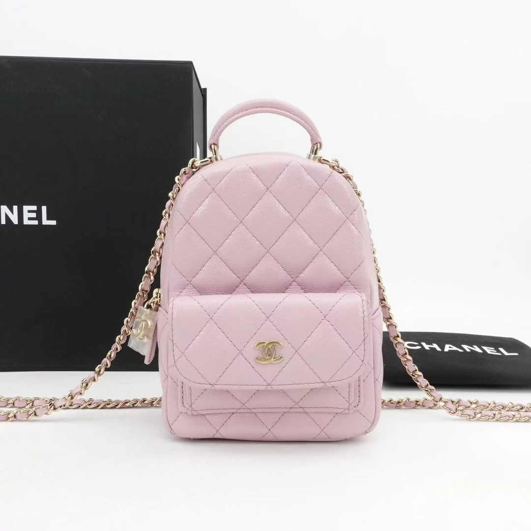99新 Chanel/香奈儿 24c双肩包mini粉色荔枝牛皮芯片款/38049311