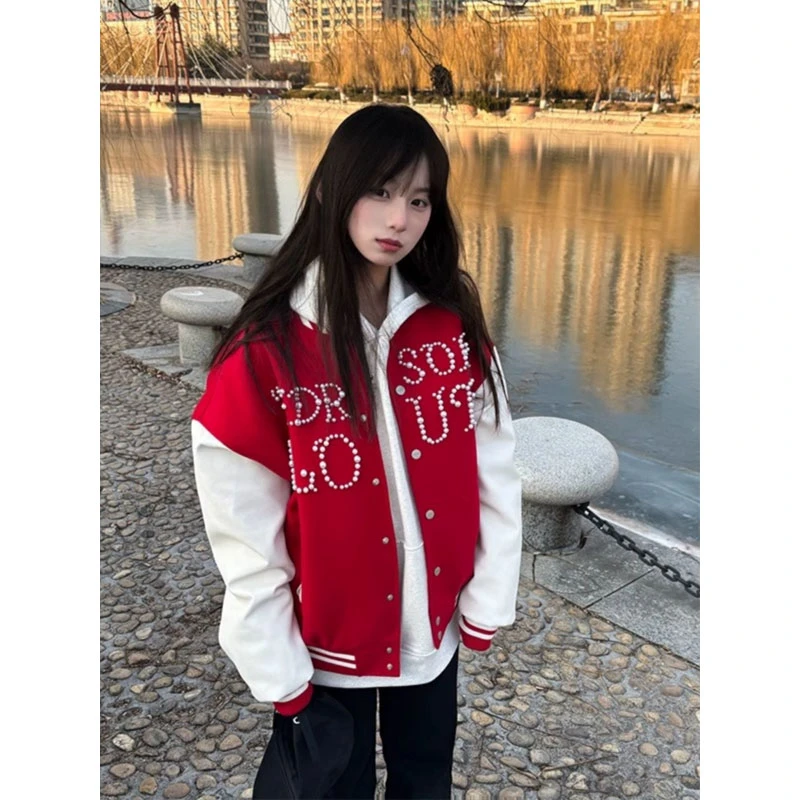 美式复古红色棒球服外套女春季珍珠钉珠宽松重磅潮牌夹克情侣上衣