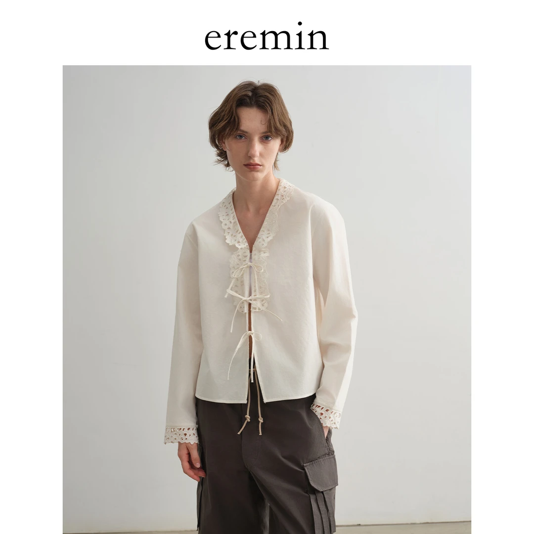 花边衬衫/特种机重工镂空刺绣棉质绑带衬衫55675