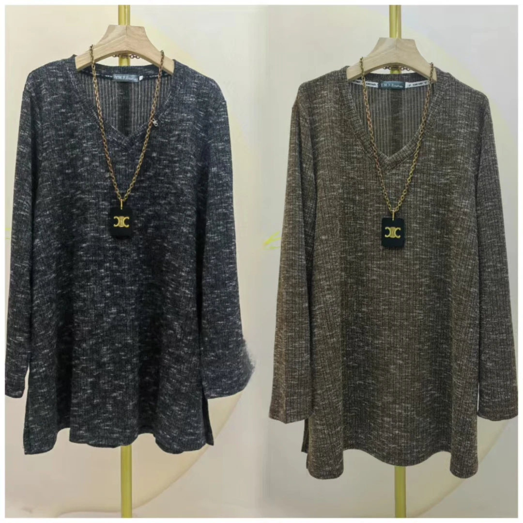 秋季新款大码时尚V领中长款女针织衫9880