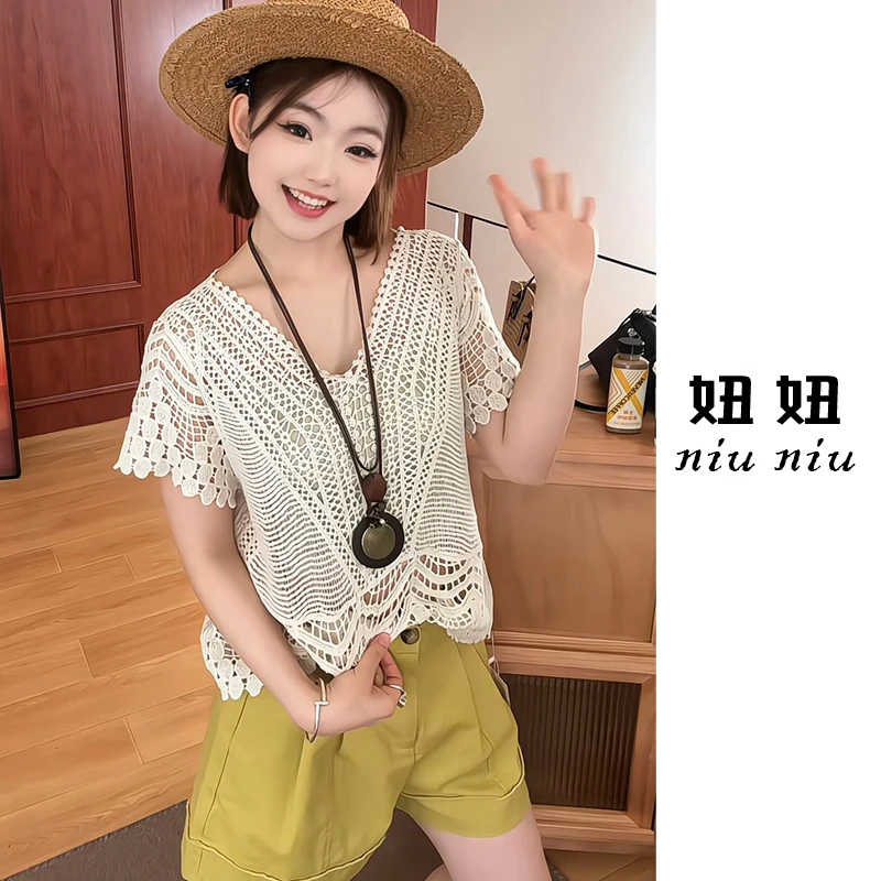 【镂空钩花】V领波西米亚镂空度假风短袖百搭针织套头