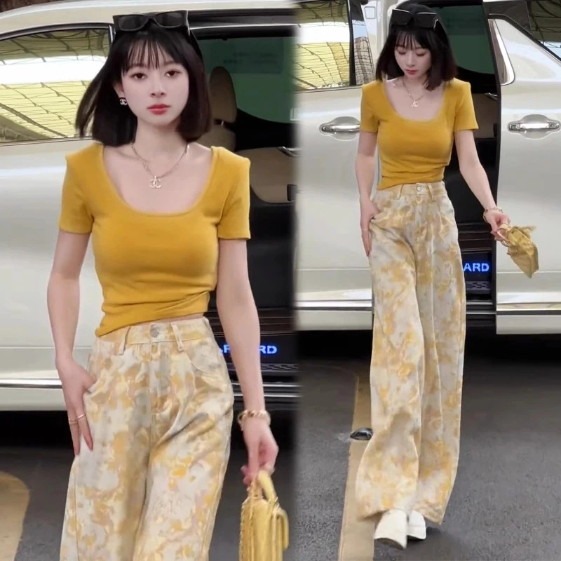 时尚多巴胺套装女2025夏季新款时髦洋气短袖T恤高腰阔腿裤两件套