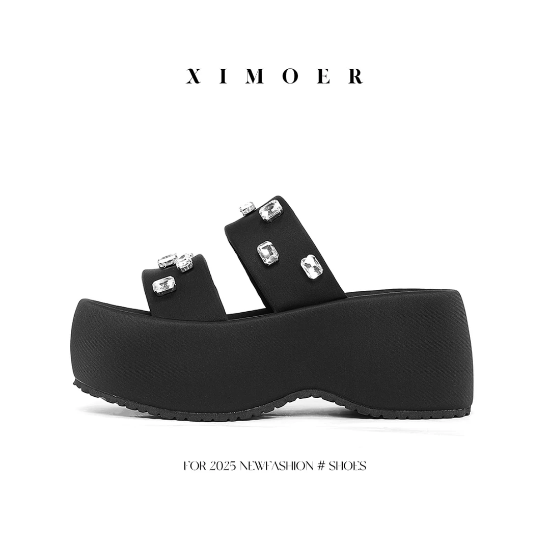 【XIMOER】「大王双子星」外穿百搭女厚底拖鞋水钻女鞋舒适8173-7