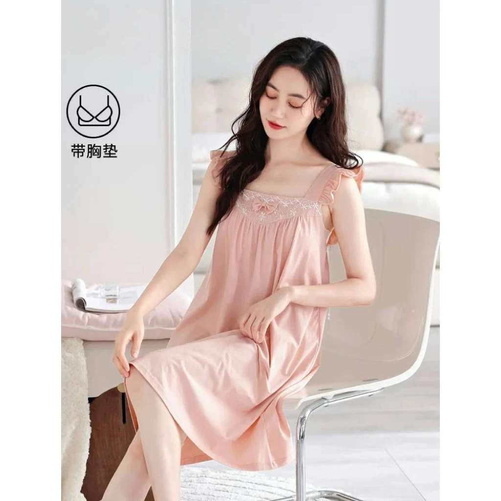 韩版甜美夏季新款粉色无袖背心裙带胸垫薄款女士睡裙可外穿家居裙