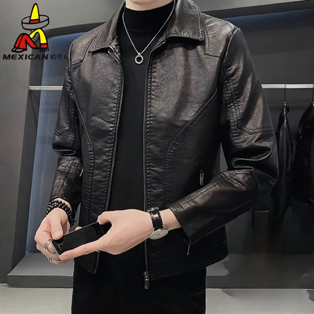 Mexican/稻草人皮衣男士新款加绒翻领机车服百搭皮夹克外套秋冬季