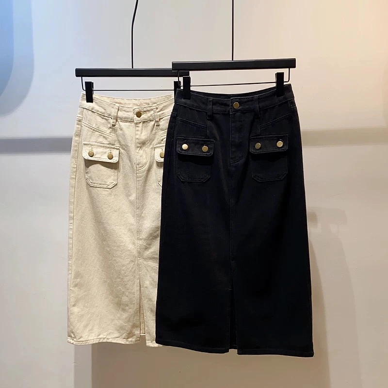 韩国代购2025春款NO/退牛仔半裙金色扣子