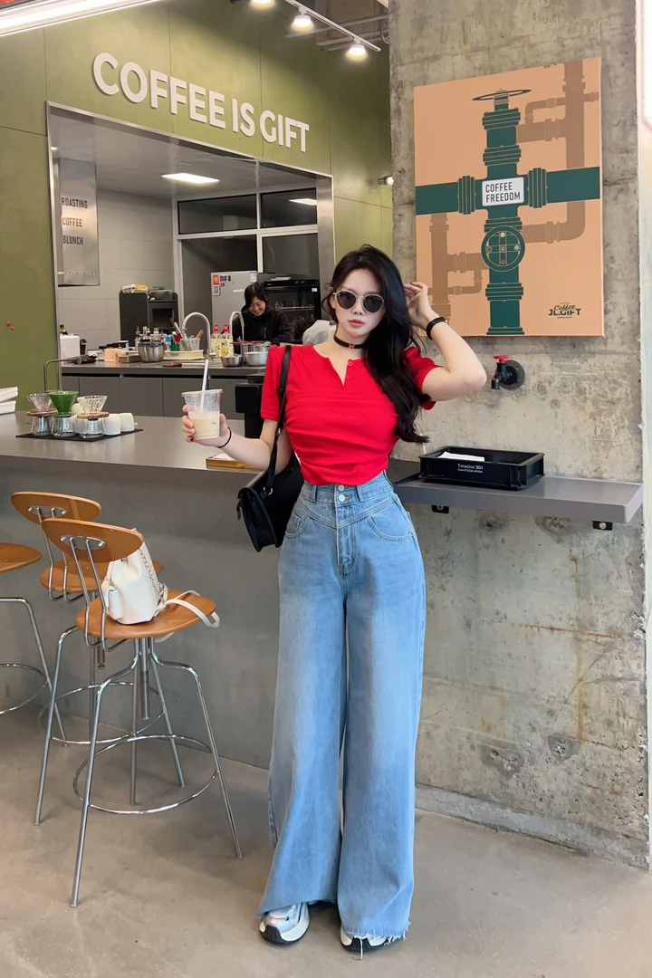 【TX】前褶皱系扣假两件圆领短袖T恤/双扣直筒牛仔裤