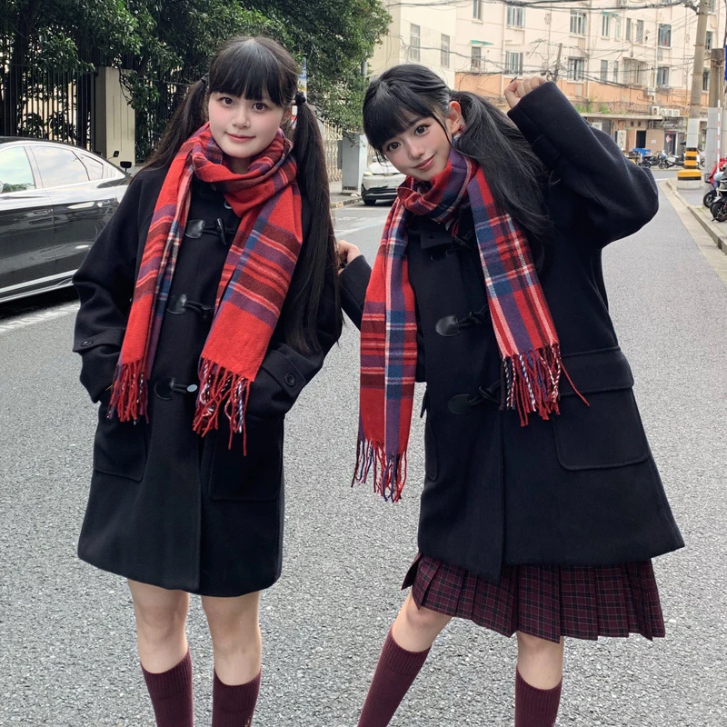 秋柚语原创jk毛呢外套女小个子秋冬绀色牛角扣夹棉毛呢大衣学院风