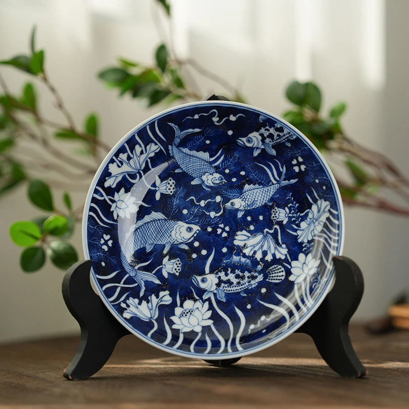 蓝地鱼藻壶承 口径16cm 陶瓷纯手工moshe465