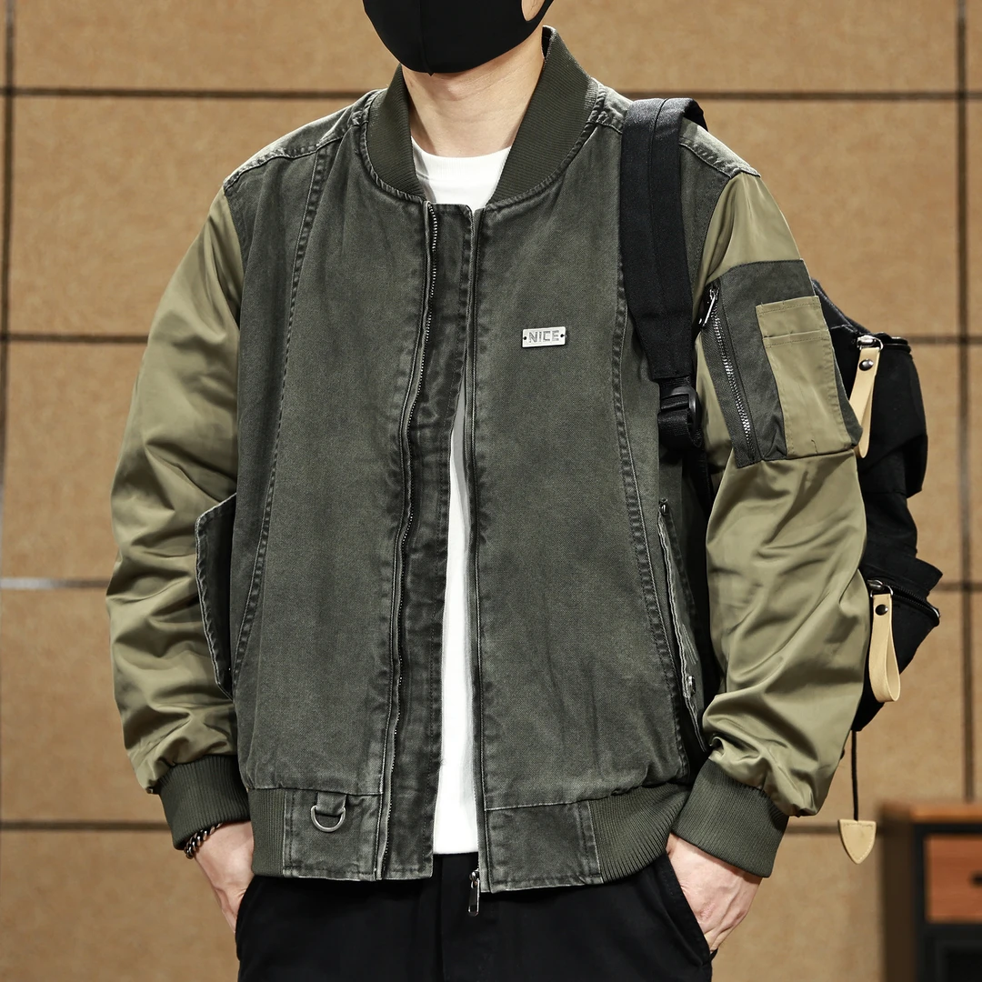 高端美式复古棒球领夹克男士拼色工装外套春秋季新款潮牌宽松工装