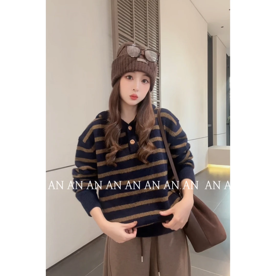 C11137新款日常休闲宽松慵懒风套头两扣连帽条纹毛衣