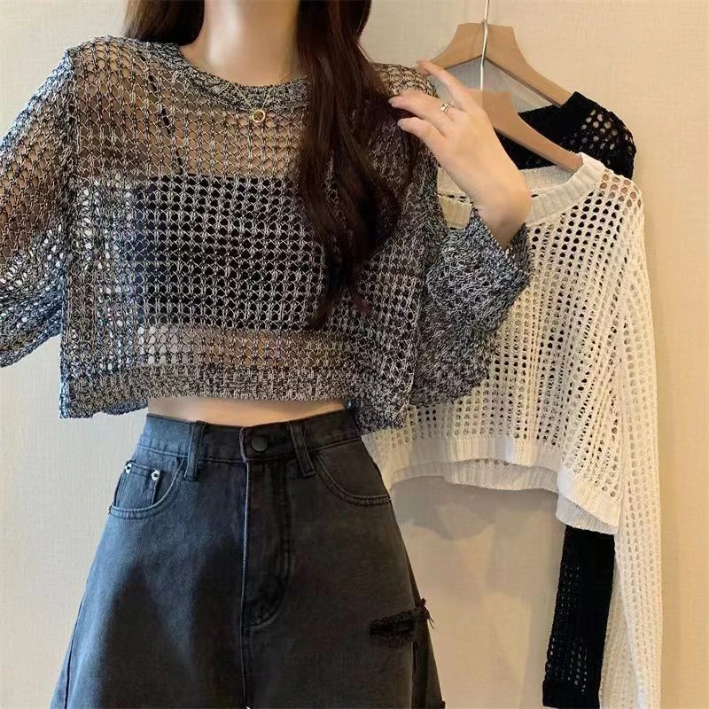 【A601-A700】薄款镂空针织长袖女夏季短款空调衫外搭防晒罩衫上衣