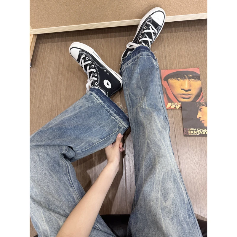 复古蓝猫爪痕水洗牛仔裤男款美式cleanfit显瘦裤子修身直筒微喇裤