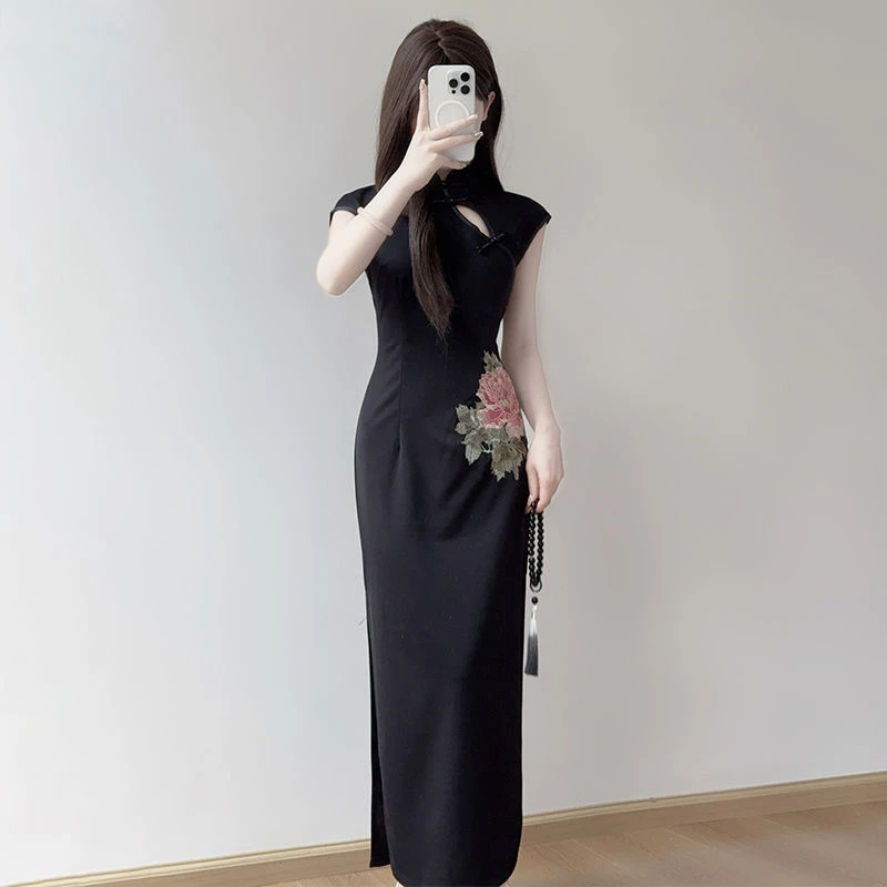 【9643】复古新中式改良玫瑰刺绣旗袍连衣裙女夏季修身显瘦黑色长裙