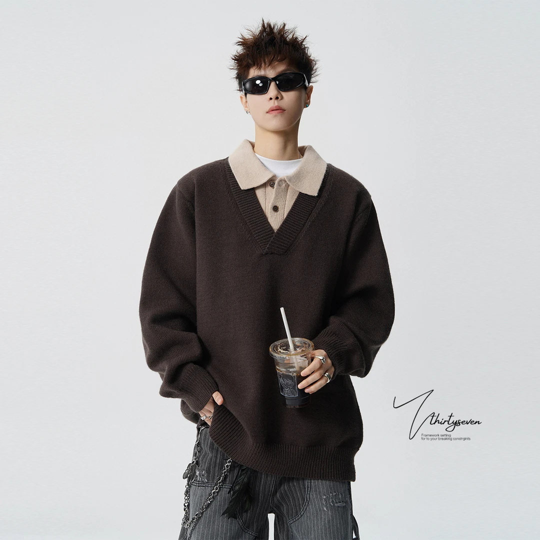 老钱风撞色POLO领假两件毛衣男冬季美式慵懒松弛感保暖针织衫卫衣