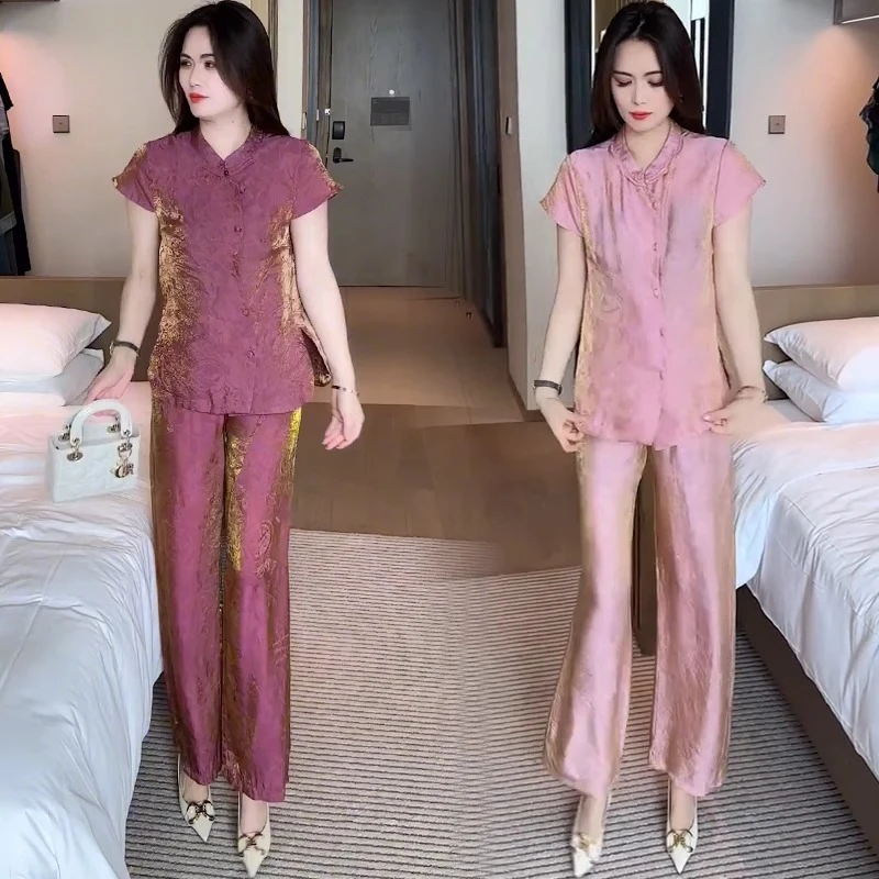 时尚国风套装女2025夏季新款洋气显瘦盘扣短袖上衣阔腿裤两件套潮