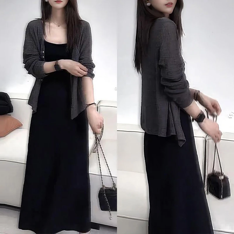 灰色针织开衫半身裙长裙两件套女士2025夏季新款时尚套装洋气爆款