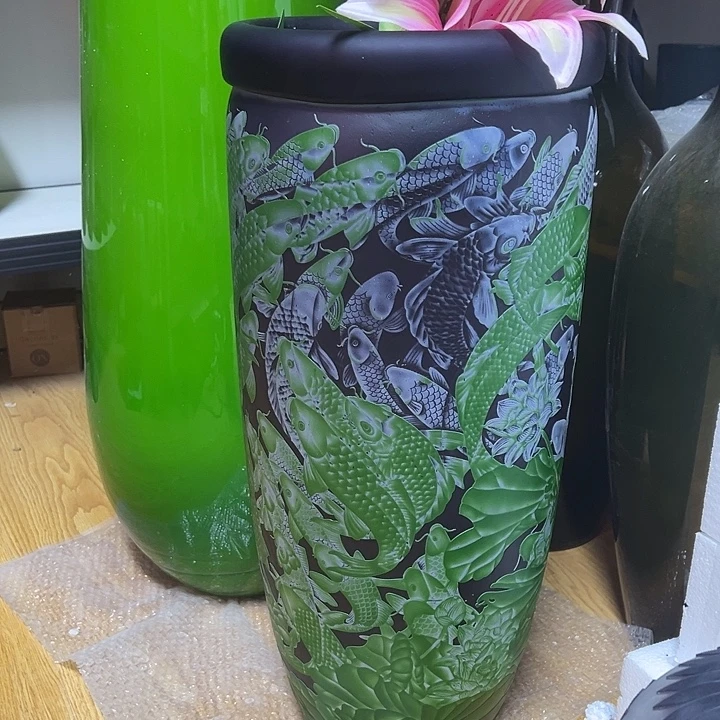 简***手工艺品琉璃百鲤图雕刻花瓶花器高60直径25