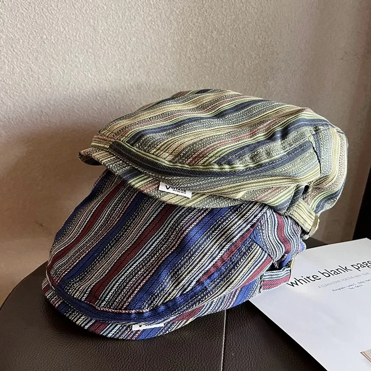 日系复古文艺条纹前进帽1126