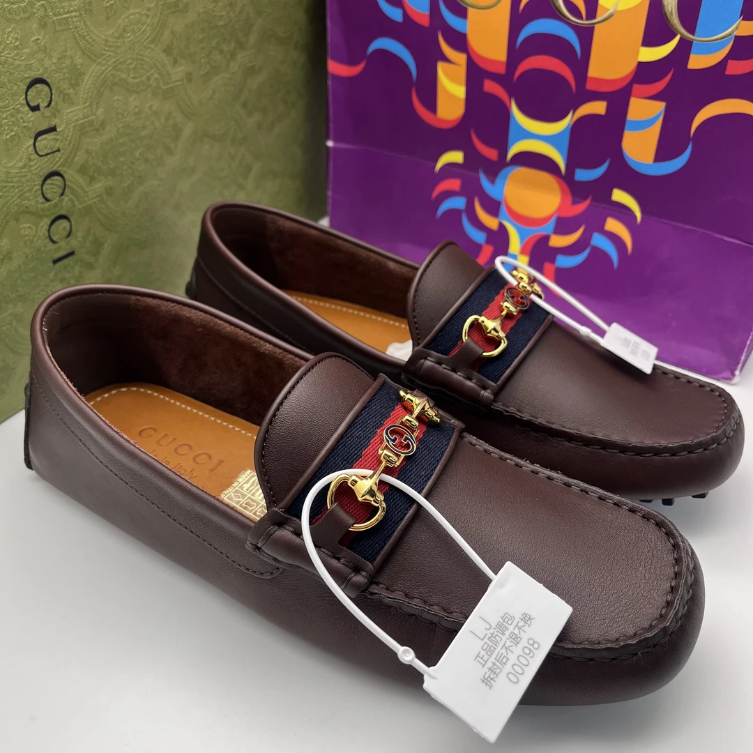 未使用 GUCCI/古驰 39码/棕色双G马衔扣休闲豆豆鞋/全套