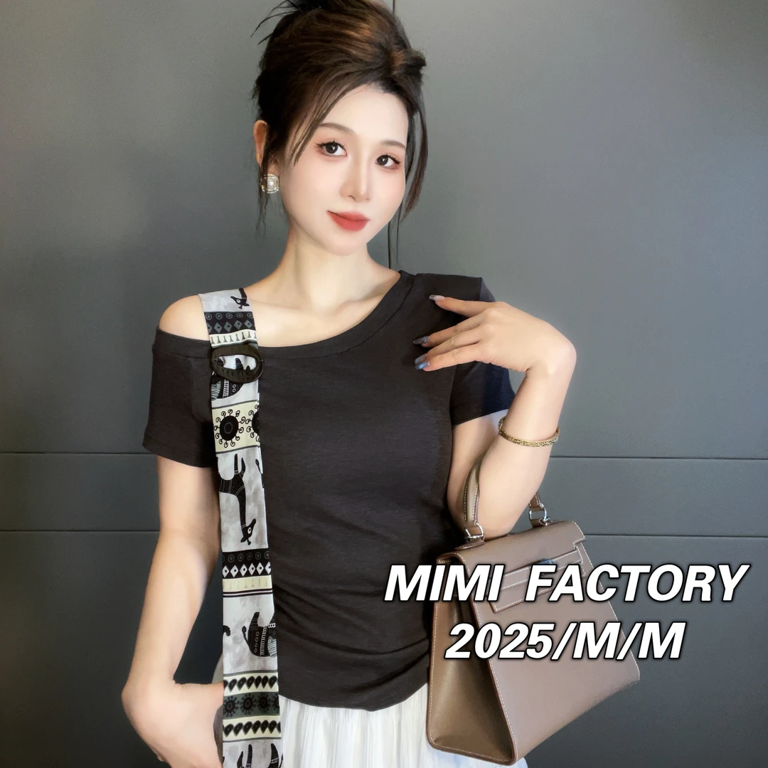 2025夏季新款 斜肩露肩设计短袖T恤女修身显瘦时尚4722#