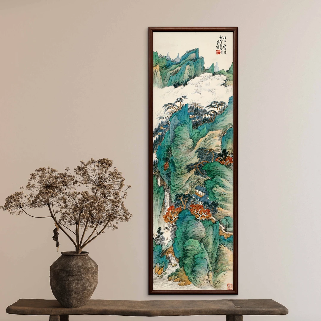 9223-40*120青绿山水中式装饰画实木玄关书房