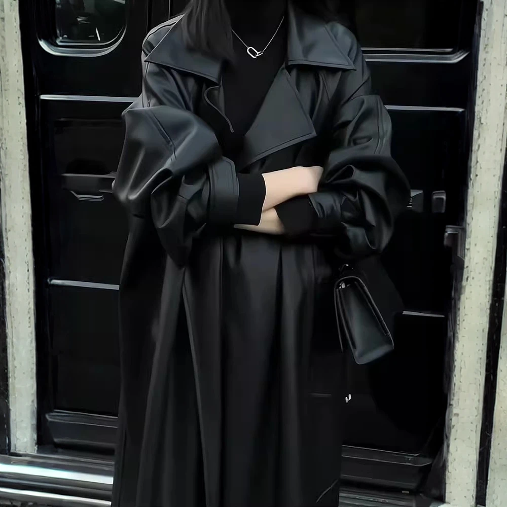 CRUSH KIOSK中长款皮衣女宽松秋冬新款气质风衣大衣内里加厚外套