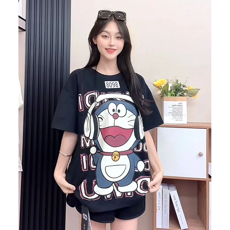 （8098）y2025新款磨毛加厚短袖t恤女卡通印花减龄宽松显瘦上衣女