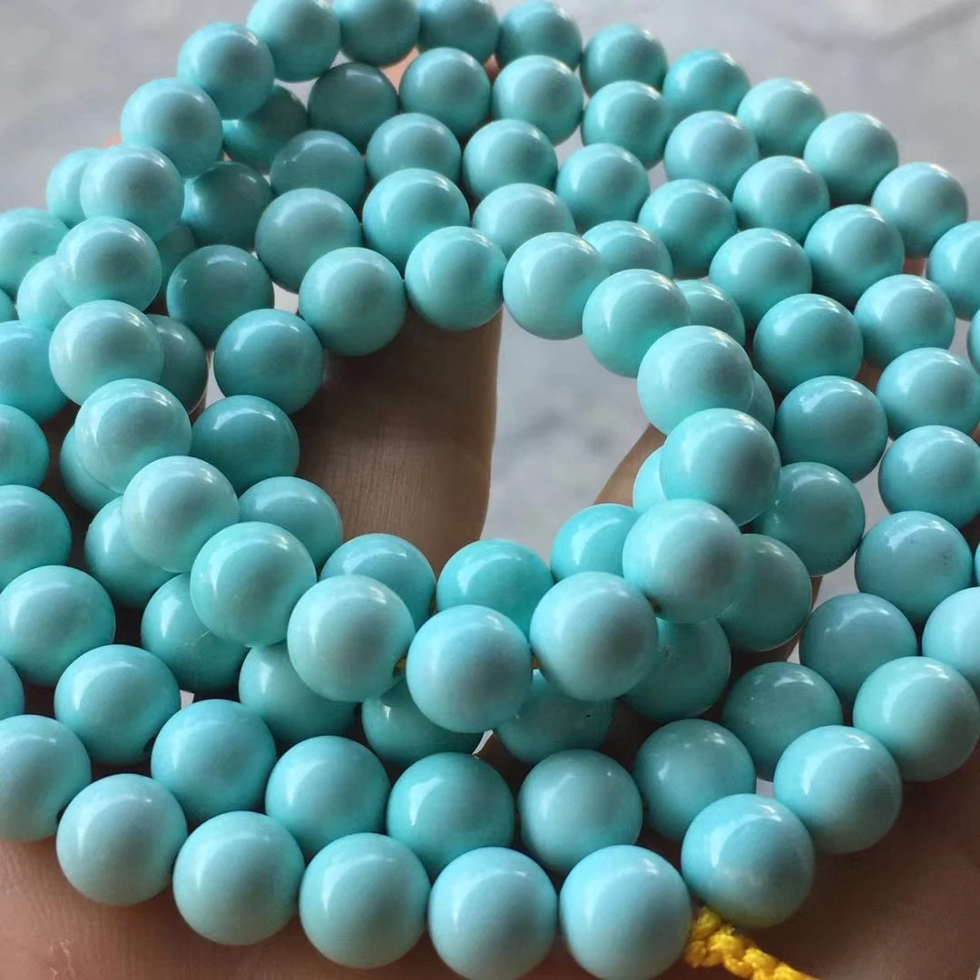 原矿高瓷秦古果冻料绿松石圆珠108佛珠长串，直径8-8.8mm，顺色干净