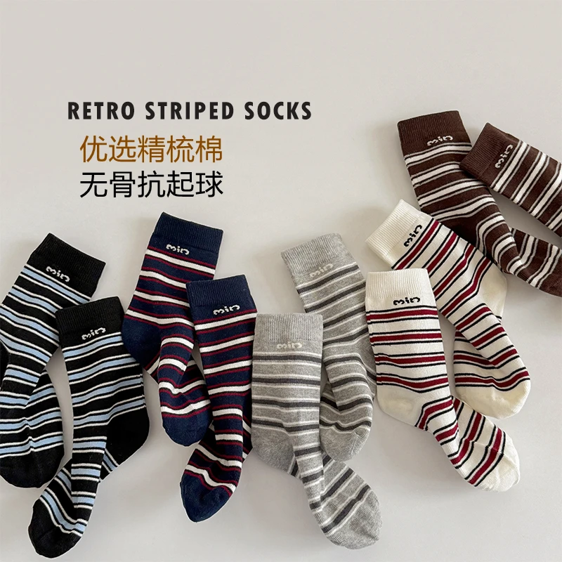 儿童袜子春秋季无骨中筒袜男女童韩版条纹运动袜中大童miu系潮袜
