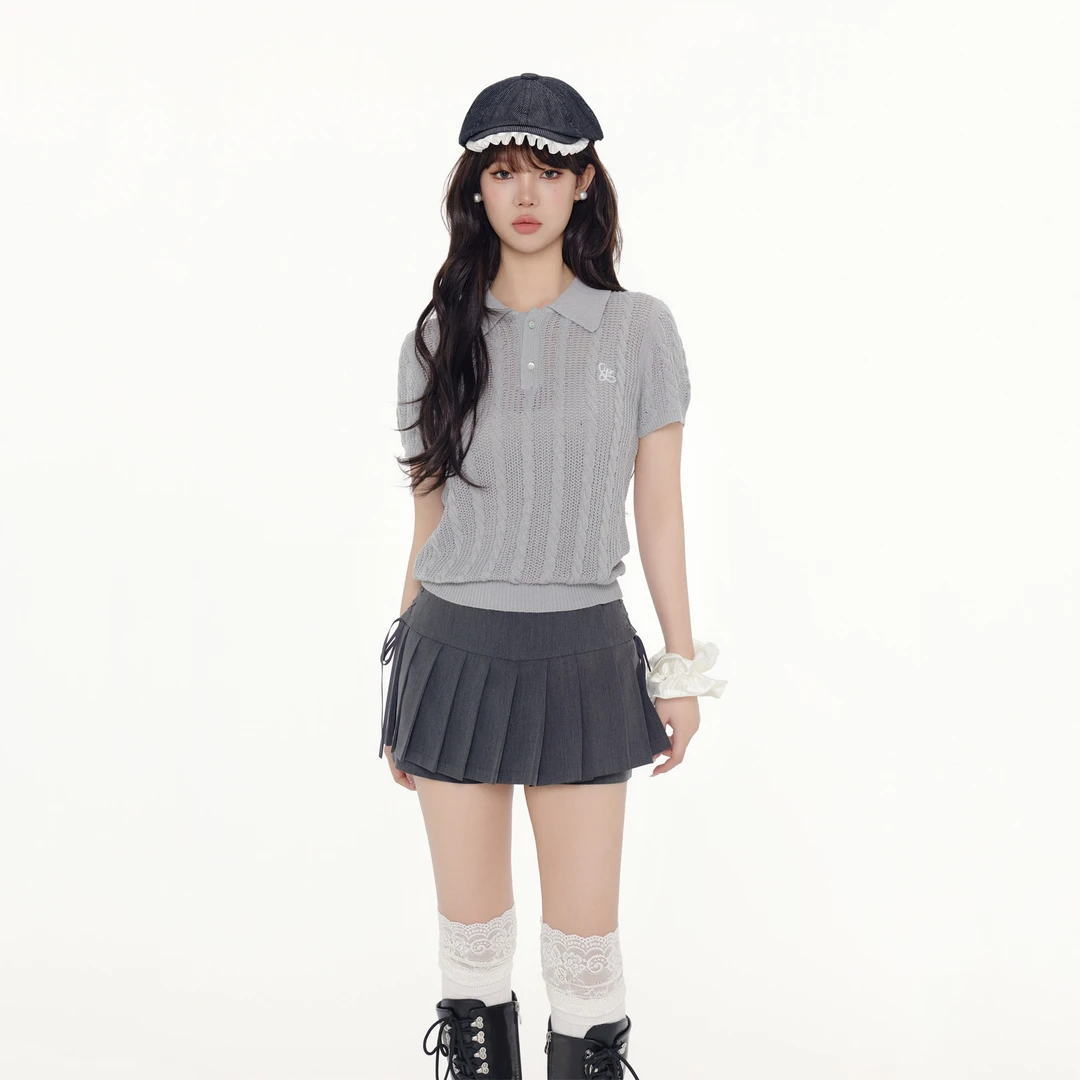 FPMZ【官方】学院风韩系复古麻花纹刺绣针织polo领基础短款短袖T恤