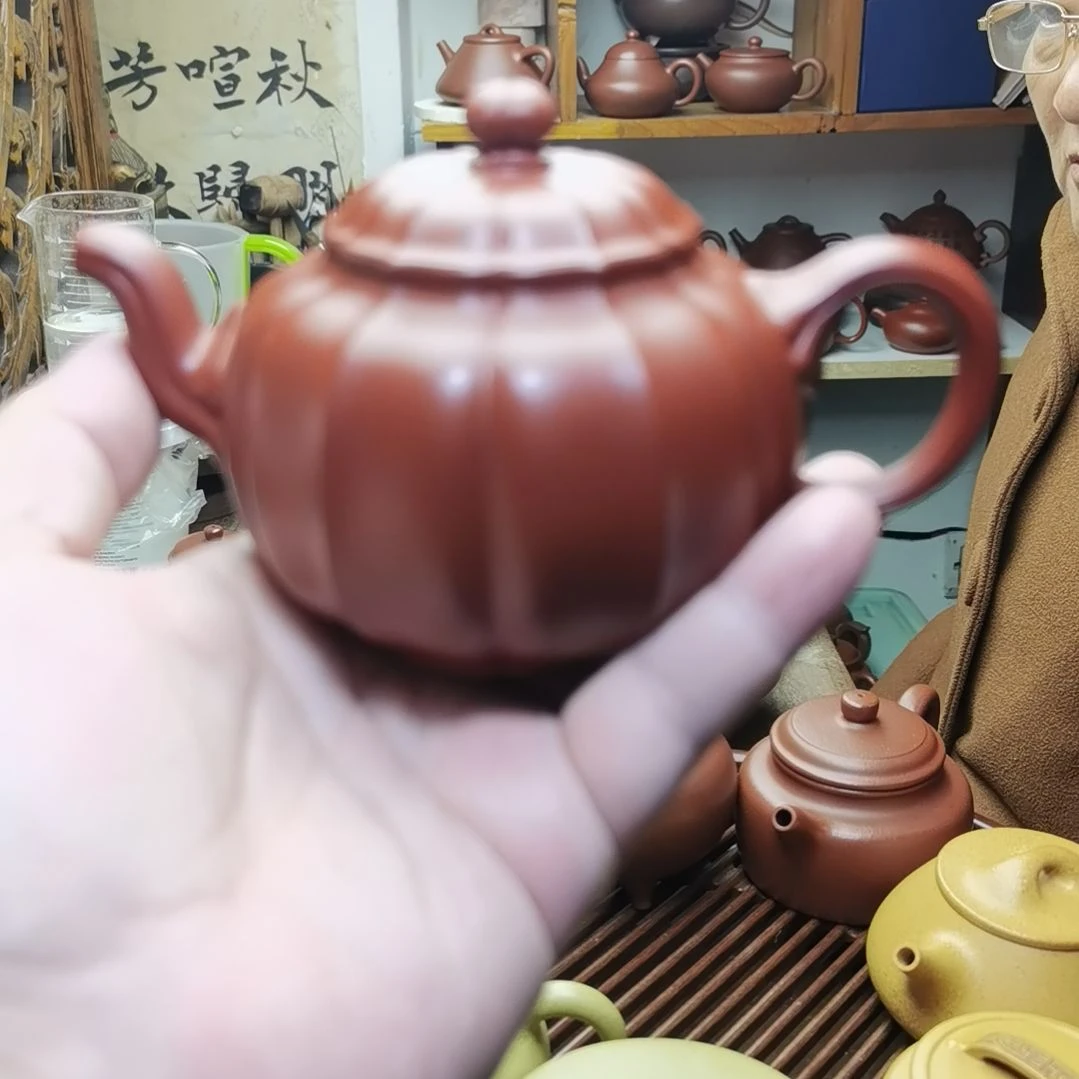 空***空茶壶紫砂朱泥大红袍，筋纹宫灯壶，220CC容量