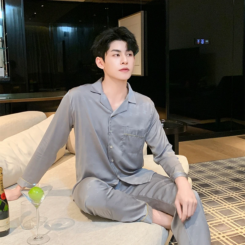 新款冰雪丝睡衣男春秋薄款宽松简约长袖青少年夏季家居服2025套装