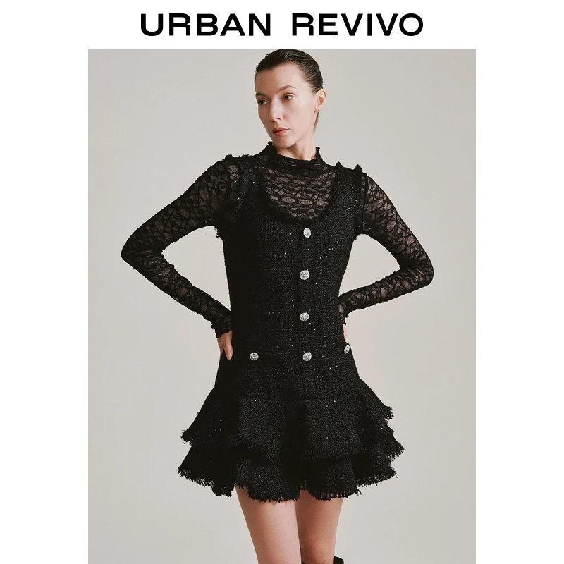 UR2026春季新款女魅力小香水钻亮片毛边超短连衣裙UWG750264