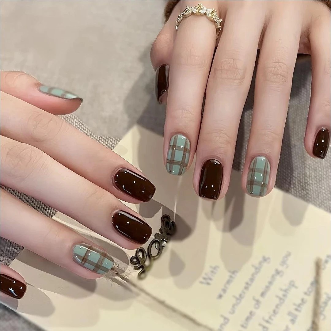 【暮色织格】雾霾蓝撞色格纹显白穿戴甲成品美甲甲片假指甲可拆卸