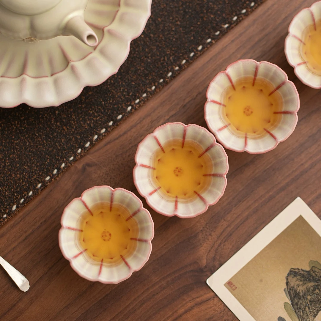 古道源高档汝窑开片可养品茗杯功夫茶具米黄莲瓣喝茶杯小容量单杯