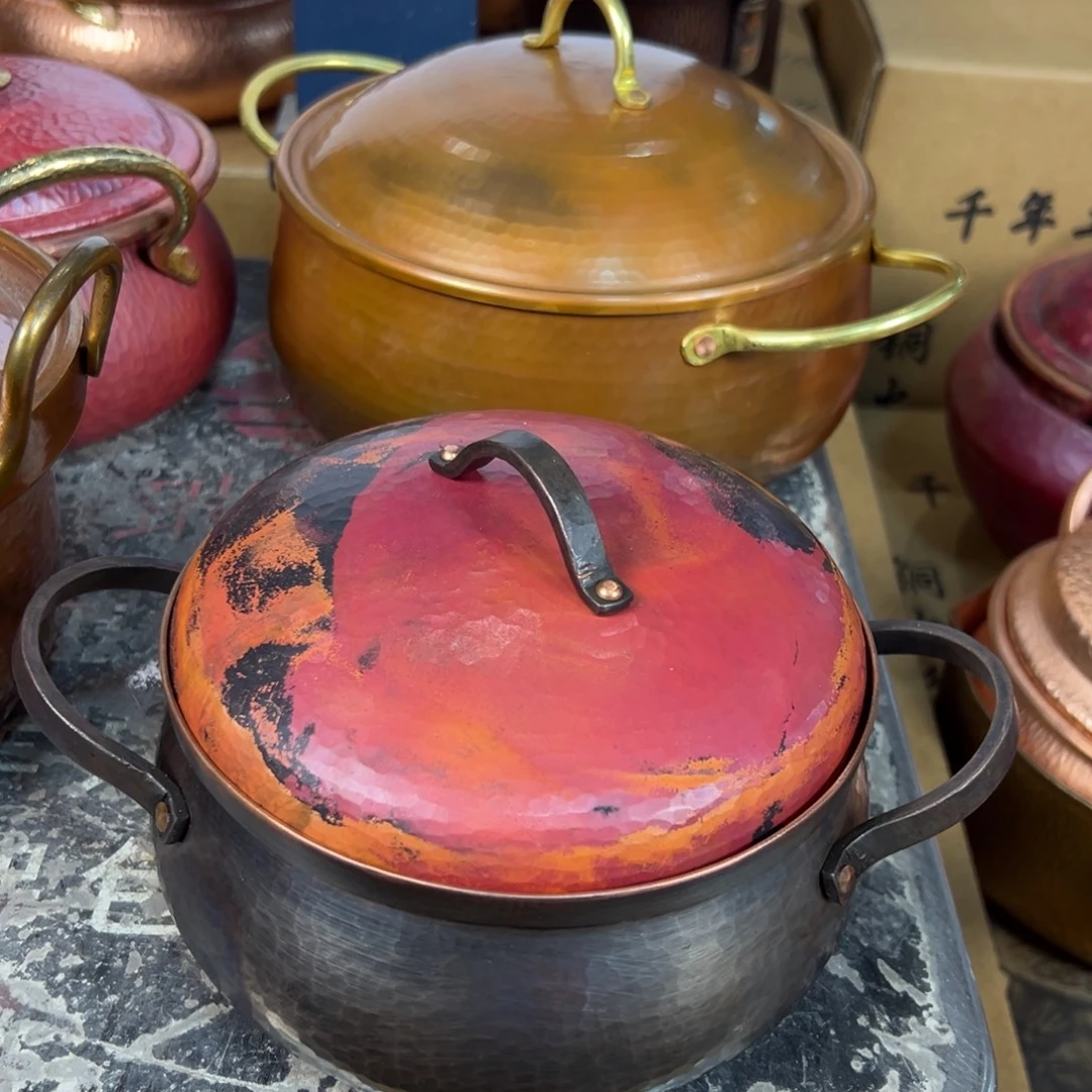 铜15cm扁把撞色铜锅